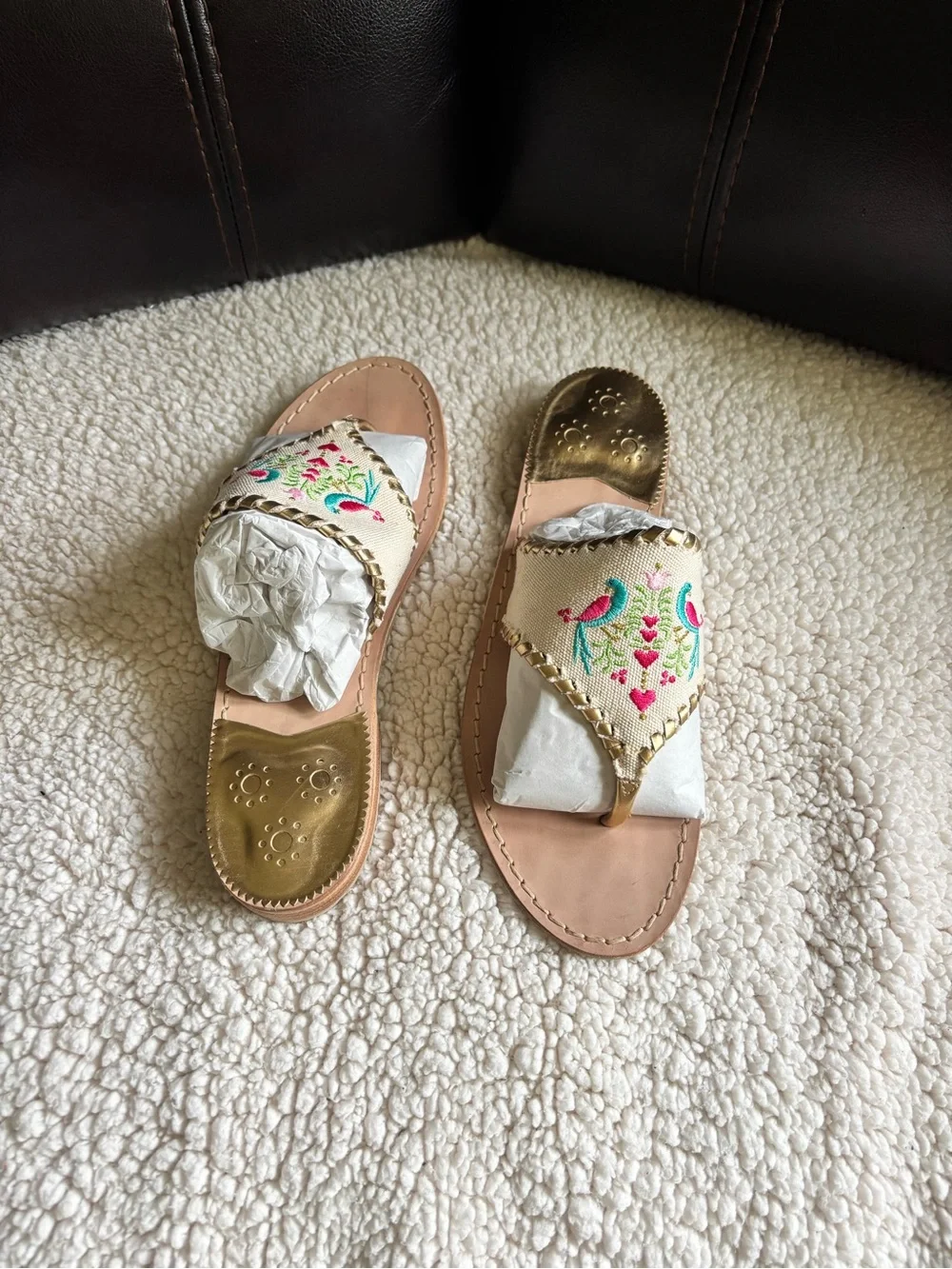 Jack Rogers Ivory Embroidered Slide Sandals with Gold Accents